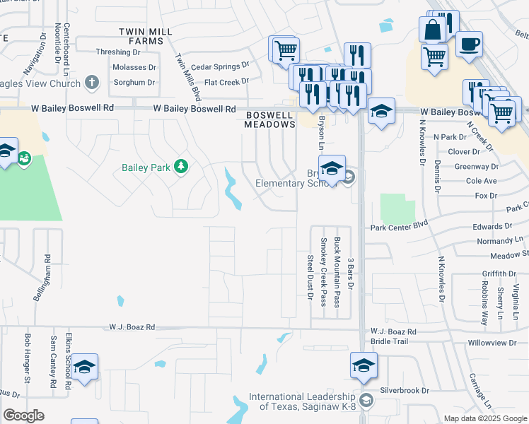 map of restaurants, bars, coffee shops, grocery stores, and more near 8441 Shallow Creek Drive in Fort Worth