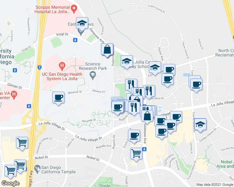 map of restaurants, bars, coffee shops, grocery stores, and more near 9343 Regents Road in San Diego
