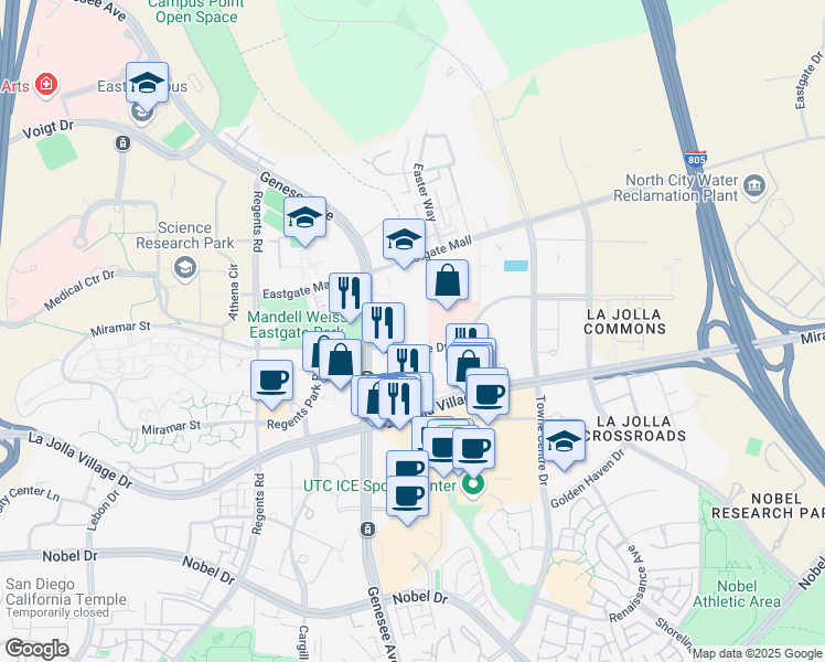map of restaurants, bars, coffee shops, grocery stores, and more near 9333 Genesee Avenue in San Diego