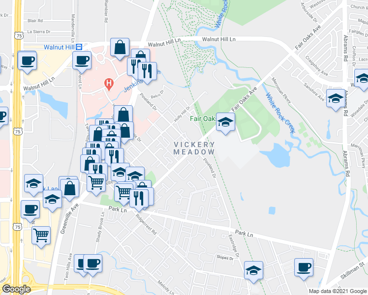 map of restaurants, bars, coffee shops, grocery stores, and more near 7319 Fair Oaks Avenue in Dallas