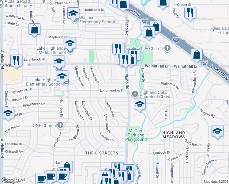 map of restaurants, bars, coffee shops, grocery stores, and more near 10630 Longmeadow Drive in Dallas