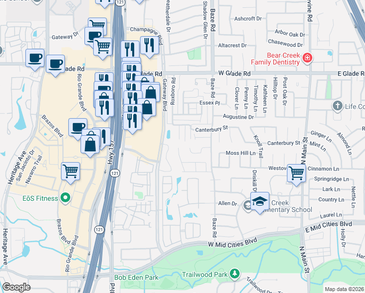 map of restaurants, bars, coffee shops, grocery stores, and more near 2618 Tallow Drive in Euless