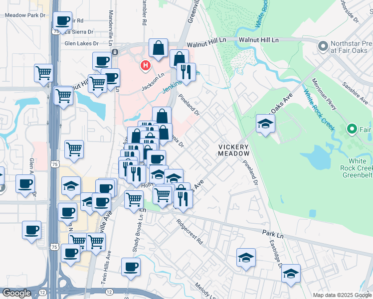 map of restaurants, bars, coffee shops, grocery stores, and more near 7200 Holly Hill Drive in Dallas