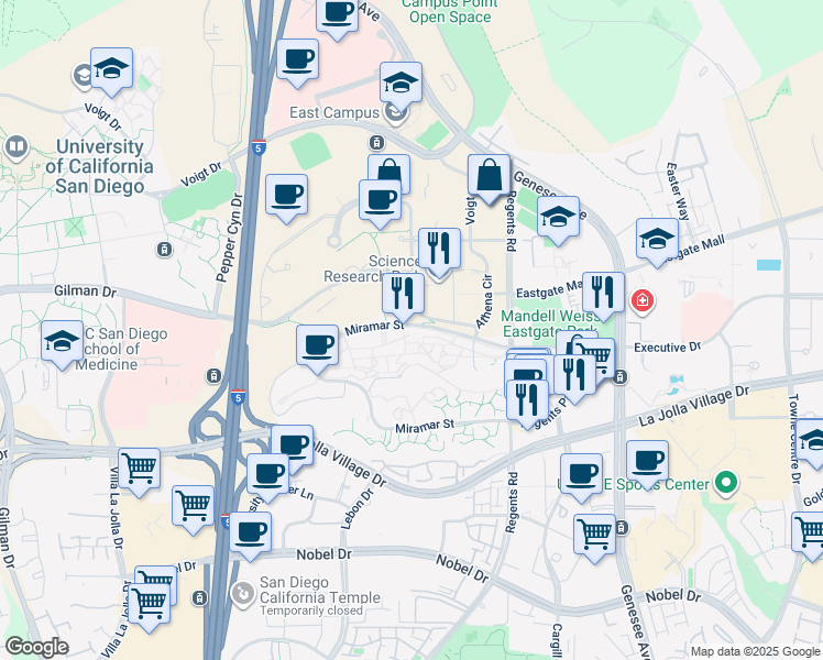 map of restaurants, bars, coffee shops, grocery stores, and more near 3899 Miramar Street in San Diego