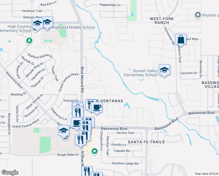 map of restaurants, bars, coffee shops, grocery stores, and more near 1733 Rio Secco Dr in Fort Worth