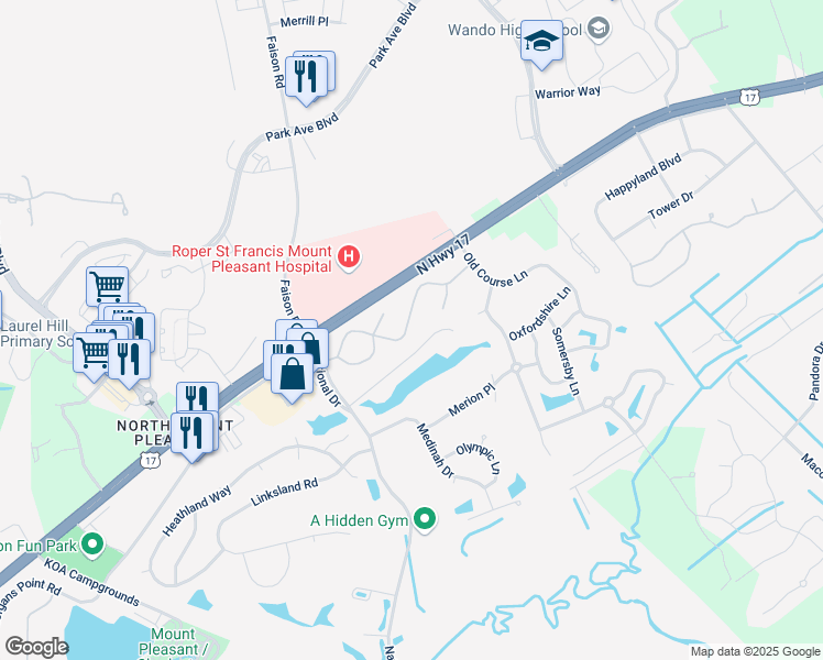 map of restaurants, bars, coffee shops, grocery stores, and more near 827 Legends Club Drive in Mount Pleasant