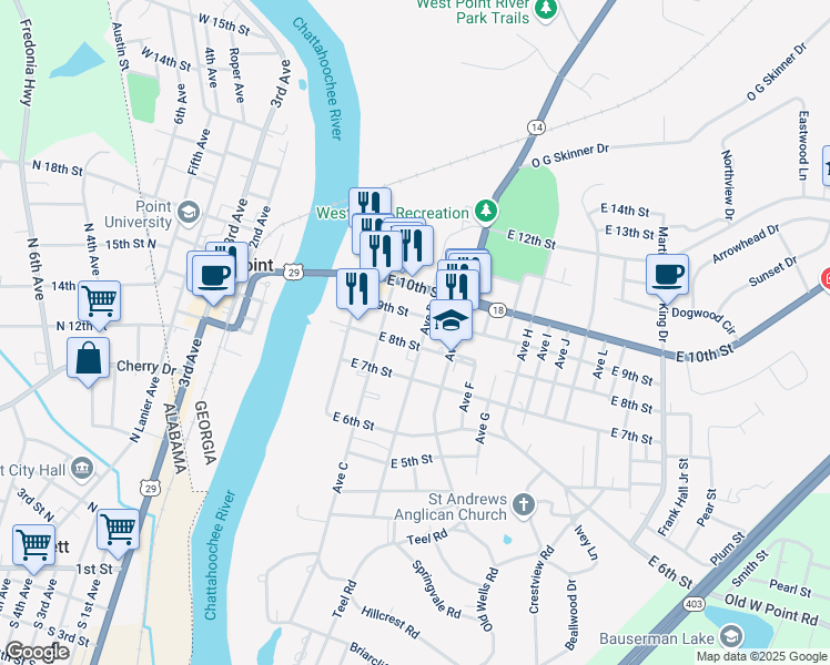 map of restaurants, bars, coffee shops, grocery stores, and more near 315 East 8th Street in West Point