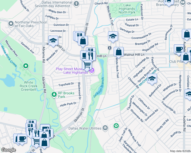 map of restaurants, bars, coffee shops, grocery stores, and more near 7077 Watercrest Parkway in Dallas