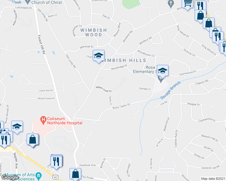 map of restaurants, bars, coffee shops, grocery stores, and more near 898 Willow Creek Drive in Macon