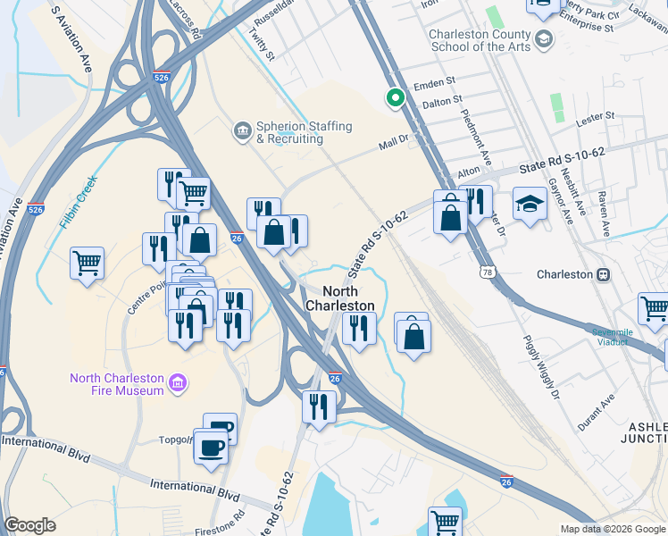 map of restaurants, bars, coffee shops, grocery stores, and more near 2415 Mall Drive in North Charleston