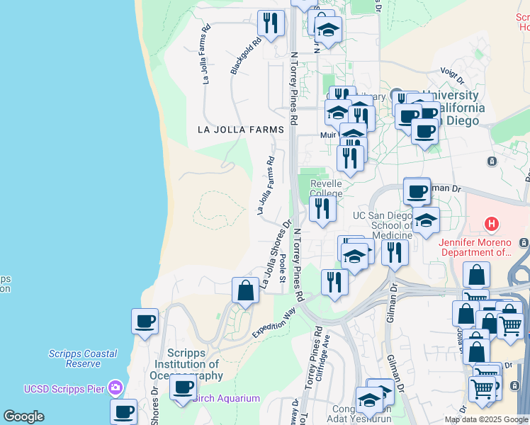 map of restaurants, bars, coffee shops, grocery stores, and more near 9351 La Jolla Farms Road in San Diego