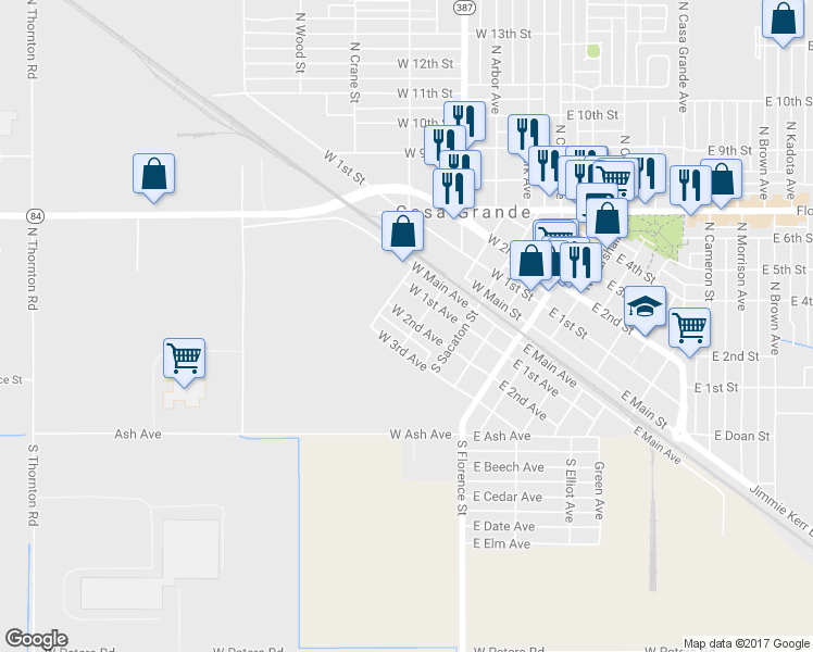 map of restaurants, bars, coffee shops, grocery stores, and more near 403 West 2nd Avenue in Casa Grande