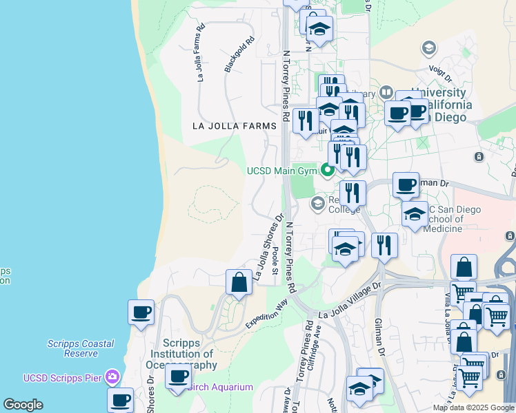 map of restaurants, bars, coffee shops, grocery stores, and more near 9351 La Jolla Farms Road in San Diego