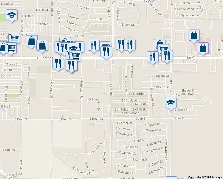 map of restaurants, bars, coffee shops, grocery stores, and more near 351 North Peart Road in Casa Grande