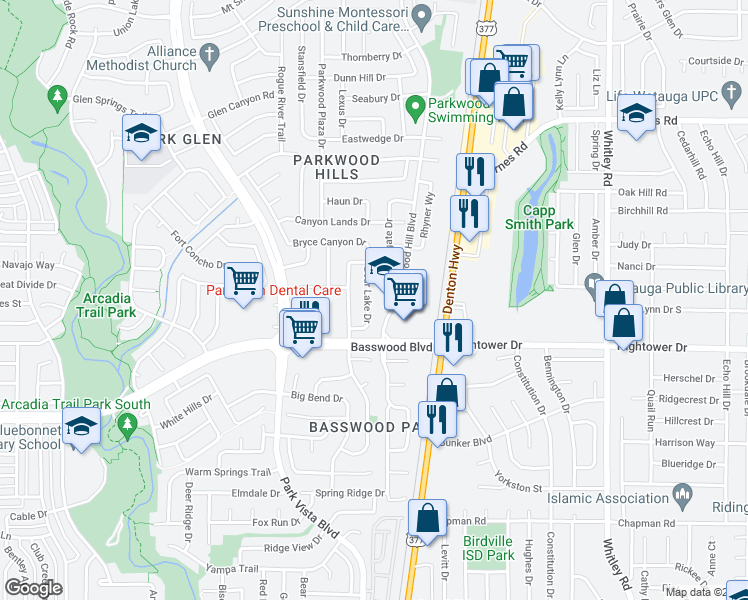 map of restaurants, bars, coffee shops, grocery stores, and more near 7440 Bear Lake Drive in Fort Worth