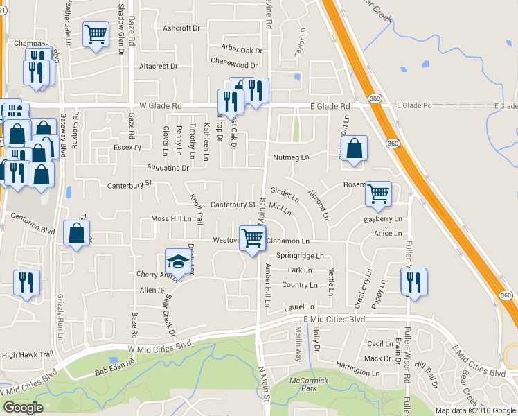 map of restaurants, bars, coffee shops, grocery stores, and more near 101 Canterbury Street in Euless