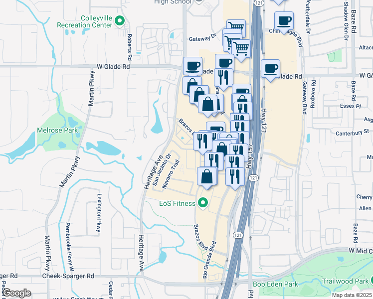 map of restaurants, bars, coffee shops, grocery stores, and more near Red River Drive in Euless