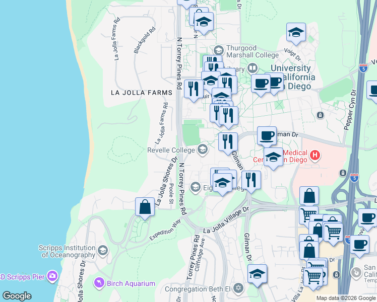 map of restaurants, bars, coffee shops, grocery stores, and more near South Scholars Drive in San Diego