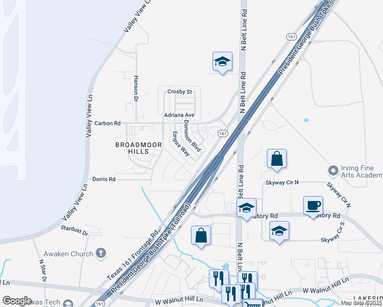 map of restaurants, bars, coffee shops, grocery stores, and more near 35 Empire Way in Irving