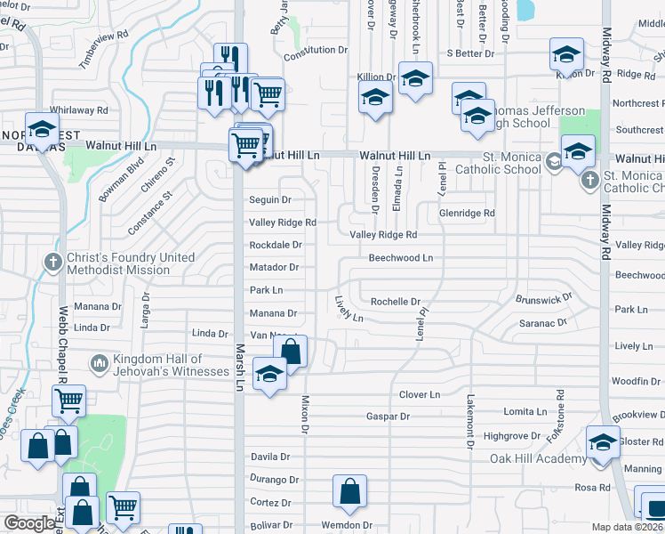 map of restaurants, bars, coffee shops, grocery stores, and more near 9870 Mixon Drive in Dallas