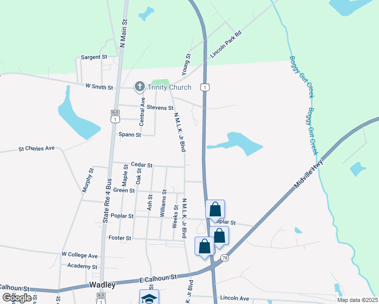 map of restaurants, bars, coffee shops, grocery stores, and more near 622 North Martin Luther King Junior Boulevard in Wadley