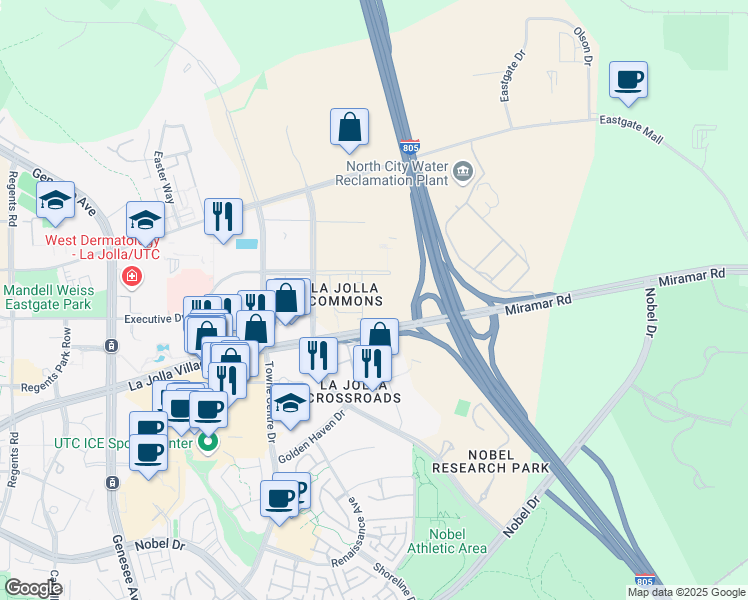 map of restaurants, bars, coffee shops, grocery stores, and more near 4737 Executive Drive in San Diego