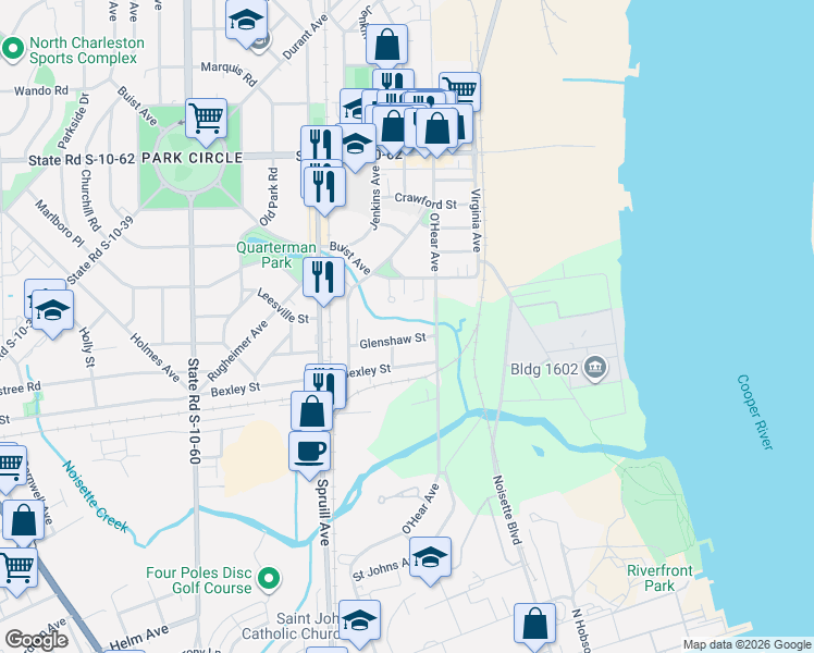 map of restaurants, bars, coffee shops, grocery stores, and more near 1064 Glenshaw Street in North Charleston