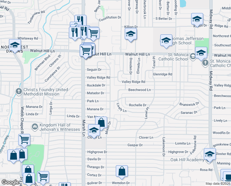 map of restaurants, bars, coffee shops, grocery stores, and more near 9870 Mixon Drive in Dallas