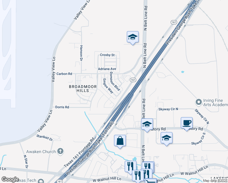 map of restaurants, bars, coffee shops, grocery stores, and more near 35 Empire Way in Irving