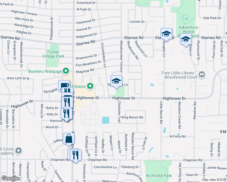 map of restaurants, bars, coffee shops, grocery stores, and more near 6800 Springdale Lane in North Richland Hills