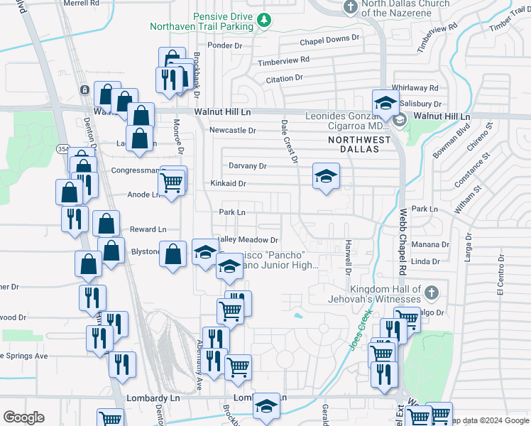 map of restaurants, bars, coffee shops, grocery stores, and more near 30 Park Lane in Dallas