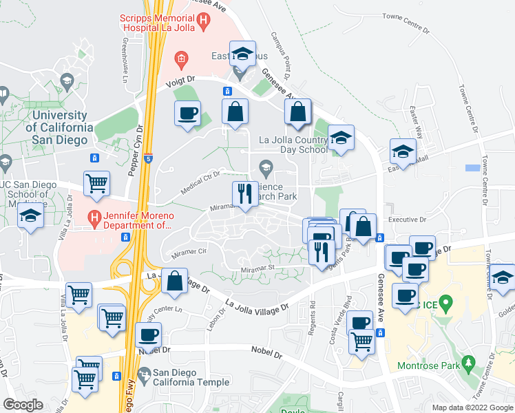 map of restaurants, bars, coffee shops, grocery stores, and more near 3899 Miramar St in San Diego