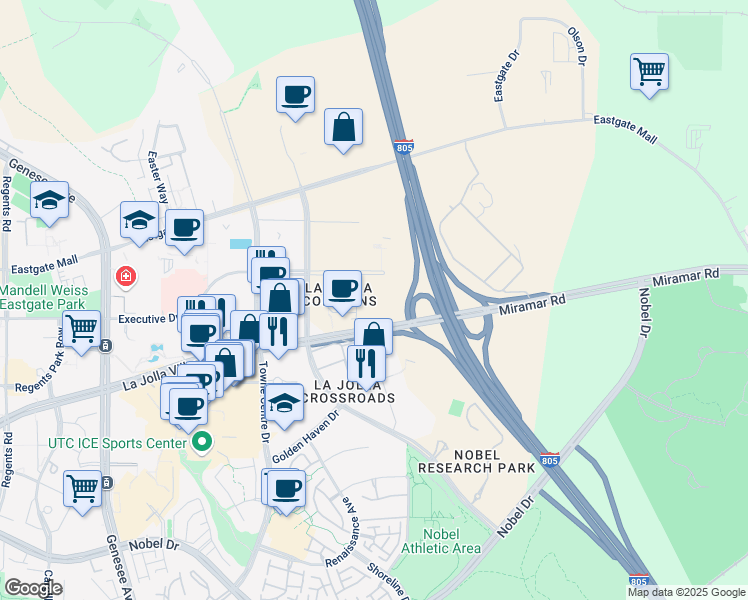 map of restaurants, bars, coffee shops, grocery stores, and more near 4737 Executive Drive in San Diego