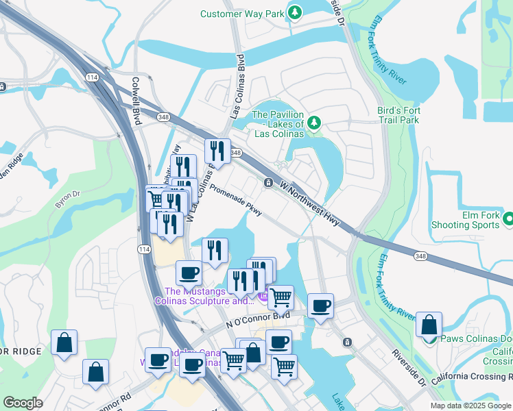 map of restaurants, bars, coffee shops, grocery stores, and more near 515 Promenade Parkway in Irving
