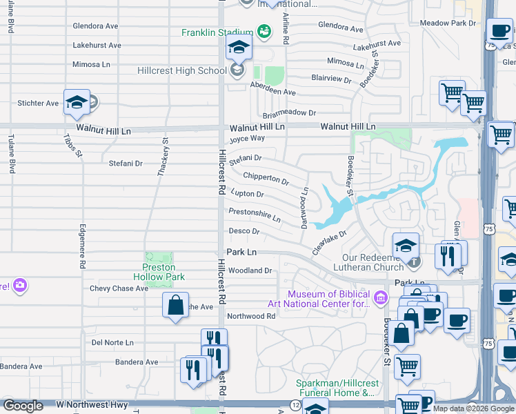 map of restaurants, bars, coffee shops, grocery stores, and more near 6936 Prestonshire Lane in Dallas