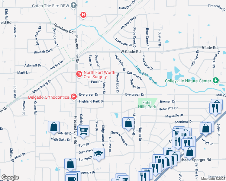 map of restaurants, bars, coffee shops, grocery stores, and more near 3101 Woodridge Drive in Hurst