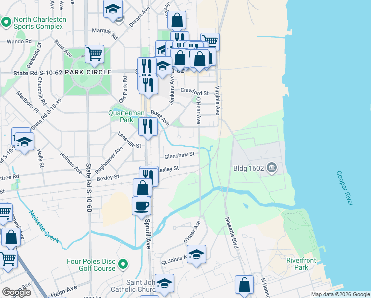 map of restaurants, bars, coffee shops, grocery stores, and more near 1064 Glenshaw Street in North Charleston