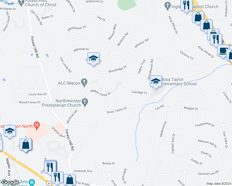 map of restaurants, bars, coffee shops, grocery stores, and more near 767 Willow Creek Drive in Macon