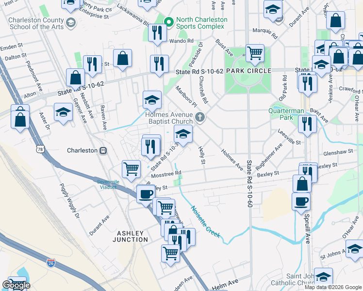 map of restaurants, bars, coffee shops, grocery stores, and more near 4542 Simms Street in North Charleston