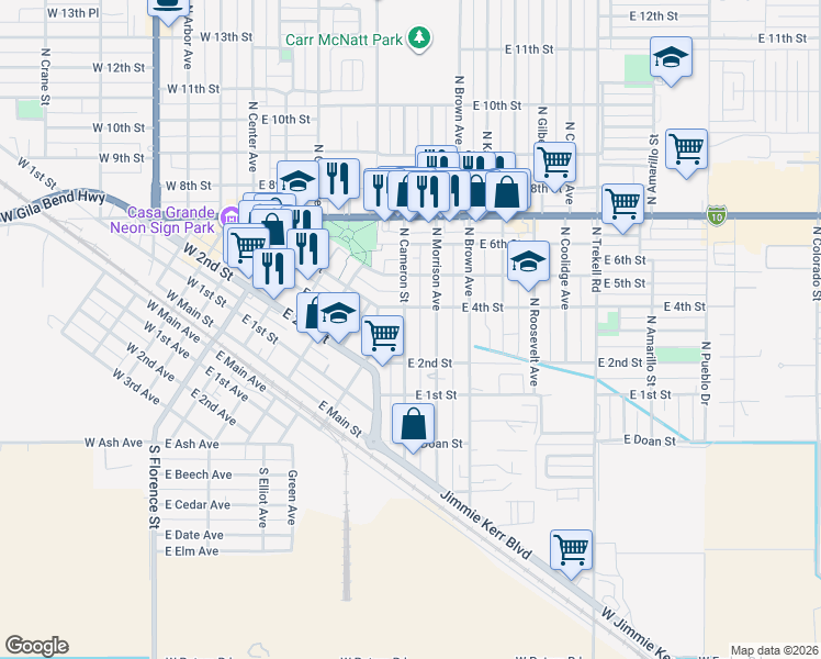 map of restaurants, bars, coffee shops, grocery stores, and more near 220 North Cameron Street in Casa Grande