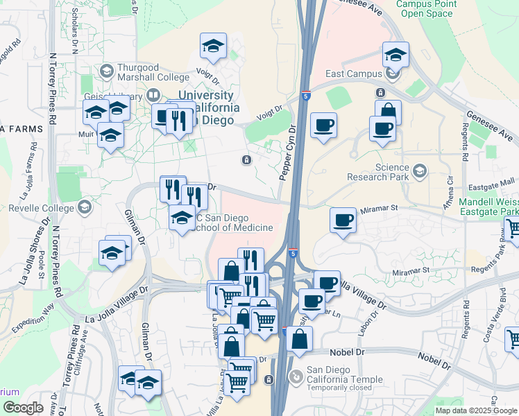 map of restaurants, bars, coffee shops, grocery stores, and more near 3350 La Jolla Village Drive in San Diego