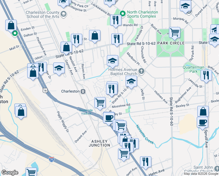 map of restaurants, bars, coffee shops, grocery stores, and more near 4413 Avery Avenue in North Charleston
