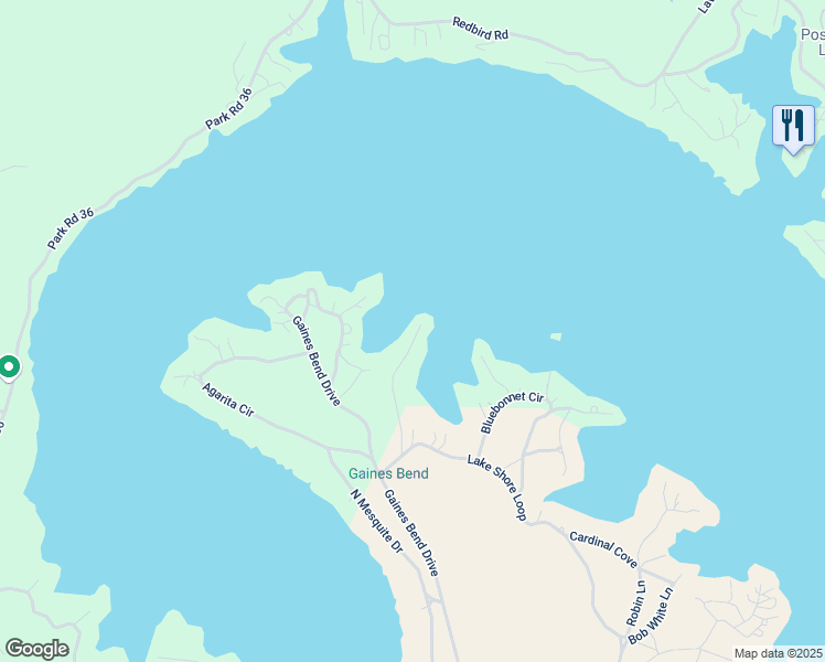 map of restaurants, bars, coffee shops, grocery stores, and more near 1016 Chaparrel Lane in Graford