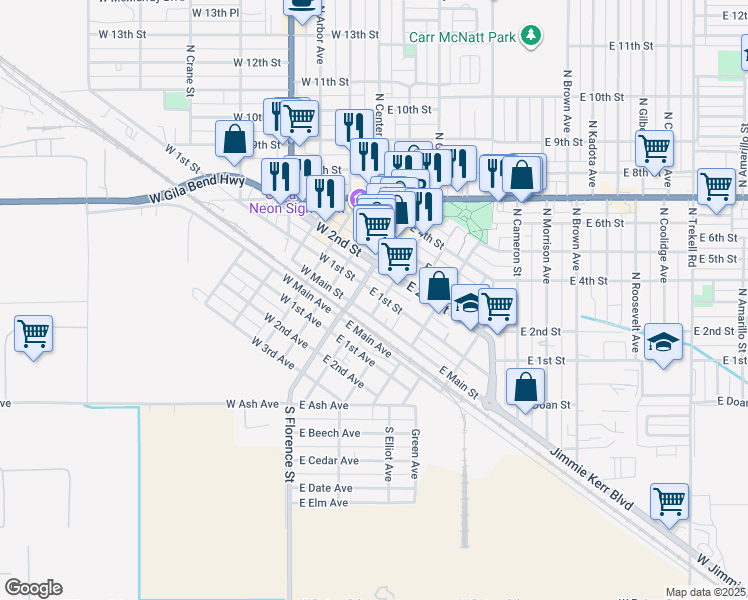 map of restaurants, bars, coffee shops, grocery stores, and more near 221 East 1st Street in Casa Grande