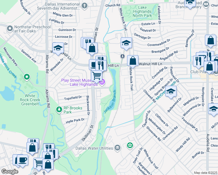 map of restaurants, bars, coffee shops, grocery stores, and more near Watercrest Parkway in Dallas