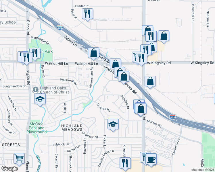 map of restaurants, bars, coffee shops, grocery stores, and more near 11330 Amanda Lane in Dallas
