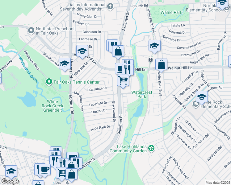 map of restaurants, bars, coffee shops, grocery stores, and more near 7056 Blackwood Drive in Dallas