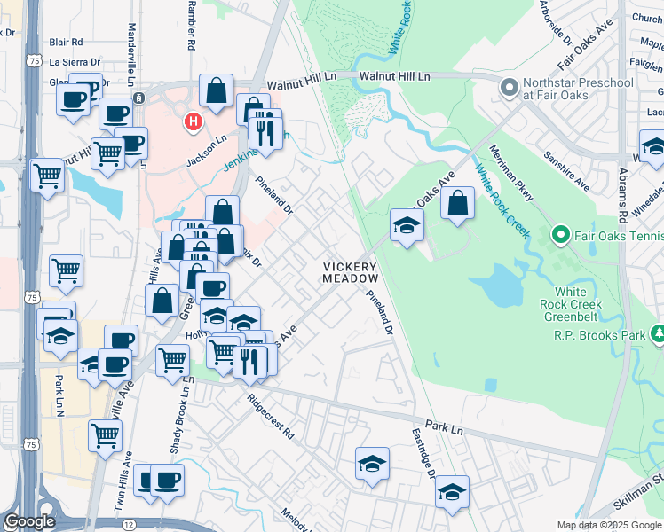 map of restaurants, bars, coffee shops, grocery stores, and more near 7304 Fair Oaks Avenue in Dallas