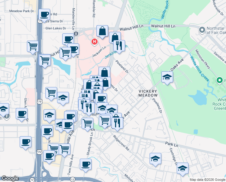 map of restaurants, bars, coffee shops, grocery stores, and more near 7200 Holly Hill Drive in Dallas