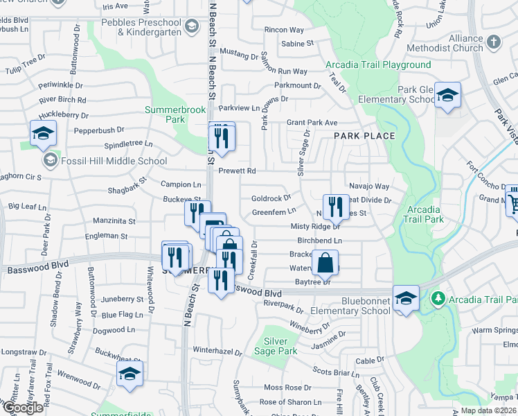 map of restaurants, bars, coffee shops, grocery stores, and more near 4608 Greenfern Lane in Fort Worth